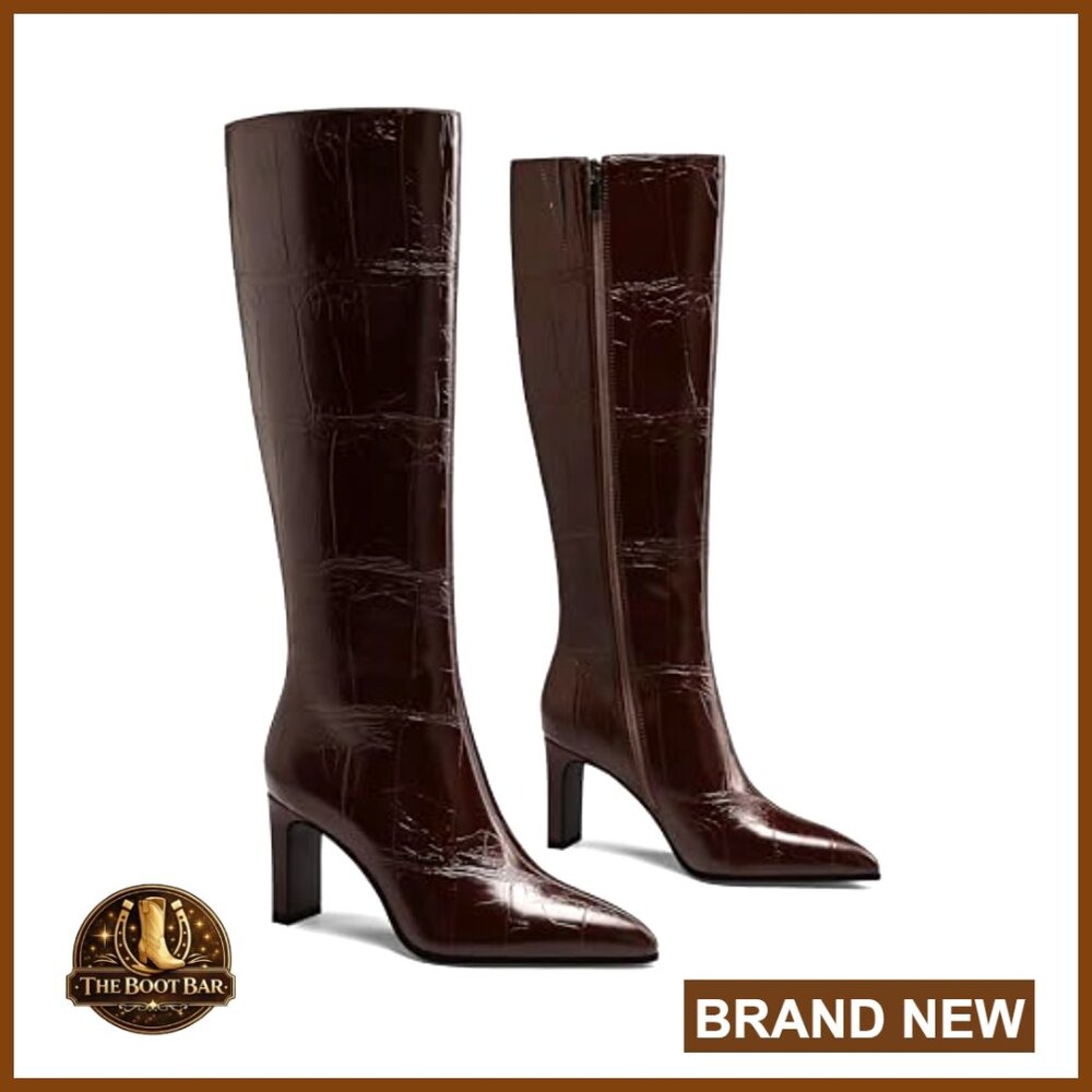 Chunky Heel Pointed Toe Knee-High Boots PU Leather - Picture 3 of 6